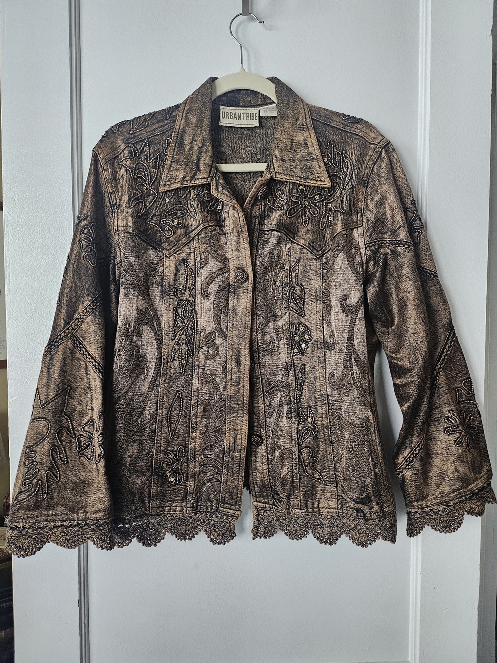 Vintage Urban Tribe 90s Boho Metallic Brown Crochet Embroidered Sequined Jacket